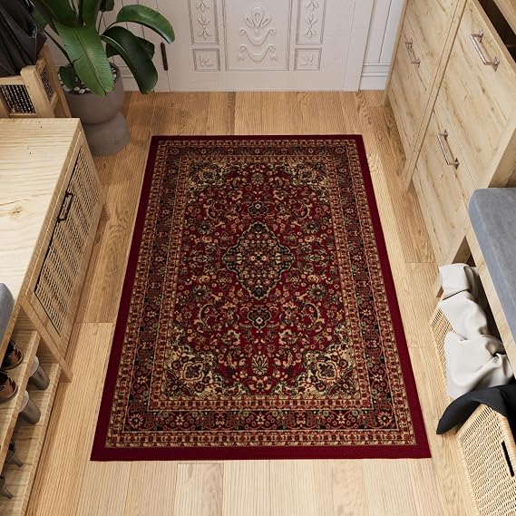 Ottomanson Persian Medallion 3x5 Area Rug for Entryway Non-Slip Kitchen Rug | Red Bedroom Carpet Small Area Rug for Living Room, Nursery, Kids Room Ultra-Thin Floor Mat, 3'3" x 4'7"