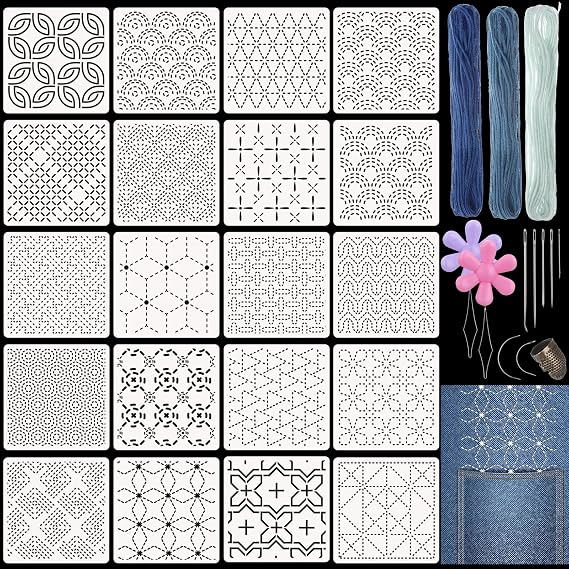 Affrolling 20 Pcs Plastic Sashiko Stencil Kit 4.7 x 4.7 Inch Geometric Sashiko Pattern Template Drawing Line Embroidery Pattern with Thread Needles Embroidery Practice Thimble Sewing for Hand Quilting
