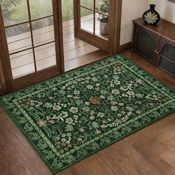 Small Area Rug Washable 60x90cm Green Doormats Indoor Non-slip Floral Bedside Rug Boho Floor Mat for Entrance Living Room Bedroom Laundry Room