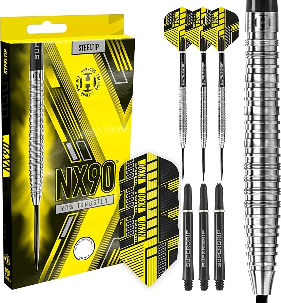 Harrows NX90 Tapered 90% Tungsten Steel Tip Darts Set, Professional Darts - Includes Black Supergrip Midi Shafts
