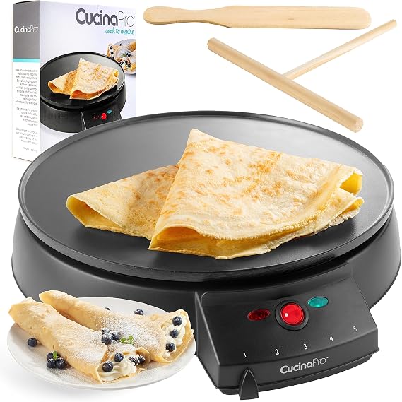12" Griddle & Crepe Maker, Non-Stick Electric Crepe Pan with Batter Spreader & Recipe Guide- Dual Use Hot Plate for Breakfast Brunch, Blintzes, Eggs, Pancakes- Portable, Adjustable Temp Settings, Gift