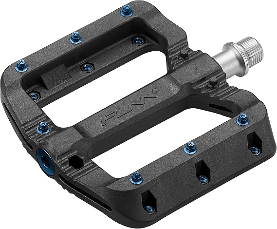 Funn Black Magic Plastic MTB Flat Pedals, Wide Platform | Fiberglass reinforced thermoplastic, 103x98mm concave, 7 studs per side, 9/16 CrMo axle, sealed bearing, BMX and gravel use