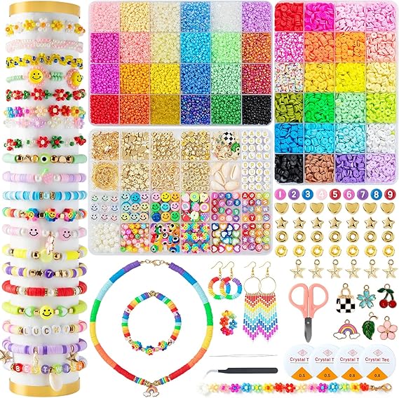 Mactoou 12000+ PCS Bracelet Making Kit, 24 Colors Polymer Clay Beads for Jewelry Making, 3mm Glass Seed Beads, 6mm Heishi Beads Set with Letters Beads for Bracelet Necklace, Present for Girls
