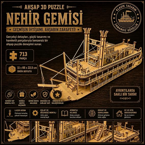 AlgWoodDesign Nehir Gemisi Ahşap Maket Seti 713 Parça – DIY 3D Puzzle Mississippi Buharlı Gemi Koleksiyoner Modeli