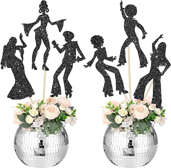 12Pcs Disco Dancing Party Centerpiece Sticks 70s Disco Party Decorations Black Glitter 80's Disco Dancer Table Toppers for Disco Ball Music Theme Party Birthday Party Supplies
