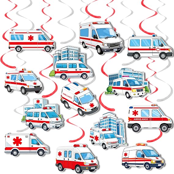 20pcs Ambulance Emergency Vehicle Hanging Swirls Double-Sided Hospital Building Decorations for EMT Paramedic Graduation First Responder Kids Birthday Party