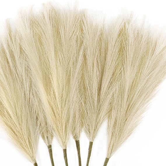 6 PCS Faux Pampas Grass Arrangement - 18"/45cm Artificial Fluffy Pompous Grass Stems for Boho Chic Home and Wedding Decor (Beige)