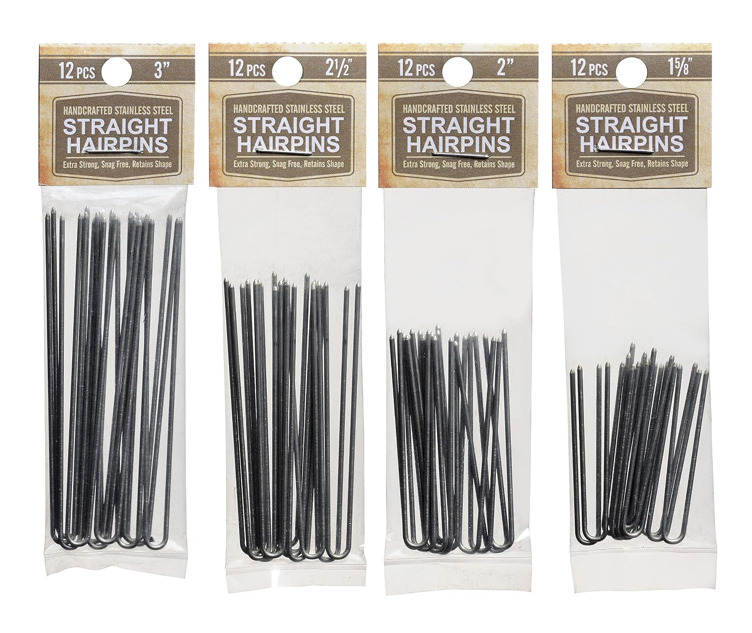 Straight Hairpin Variety Stainless Steel SILVER Heavy Duty Snagless Hairpins 4 Packs of 12 Handmade Hair Pin