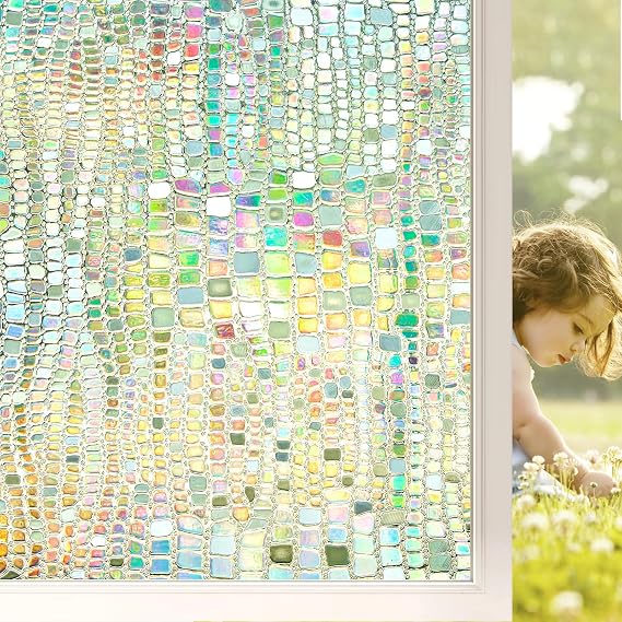 Beautysaid Window Privacy Film Stained Glass 3D Rainbow Prism Window Clings Heat Blocking Windows Tint Sun Catchers Peel and Stick Decorative Windows Decals Home Bathroom Door(Pure,17.5x78.7in)
