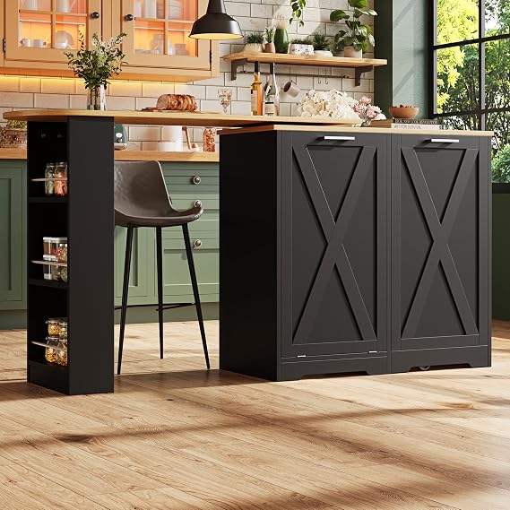 360° Rotating Kitchen Island (138-203cm) Modern Minimalist Multifunctional Storage Cabinet with Side Shelves & Folding Doors, Swivel Sideboard for Bedroom, Living Room, Dining Room, Black