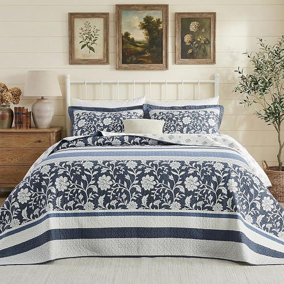 100% Cotton Oversized Queen Bedspread 102x120, Navy Floral Print
