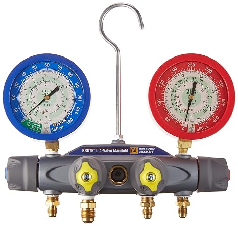 Yellow Jacket 46021 Brute II 4-Valve Manifold with Liquid Gauges, bar/psi, R-22