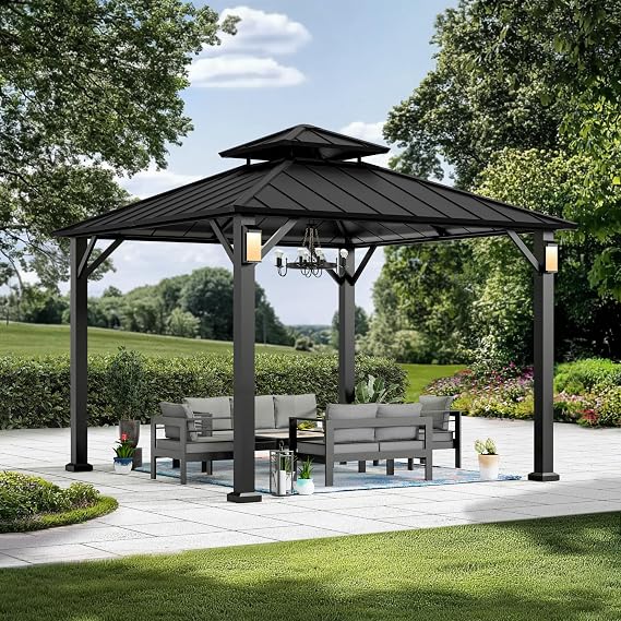 Modern Shade Hardtop Gazebo 10' x 10' with 4 LED Lights, Permanent Metal Gazebo with Galvanized Steel Double Roof, Hard Top Gazebo with Sturdy Hooks for Backyard, Deck, Garden, Lawn