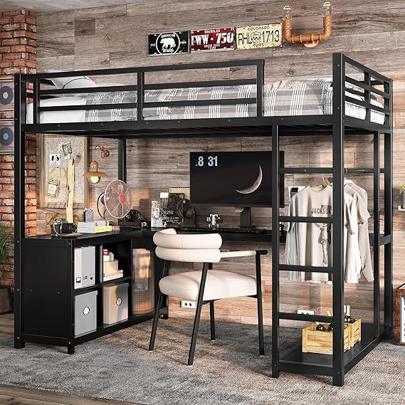 Twin Size Loft Bed with L-Shaped Desk and Wardrobe, Storage Cubes and Shelves, Modern Metal Loft Bed Frame with Ladder and Safety Guardrails for Kids Teens Adults, No Box Spring Needed (Black-04)