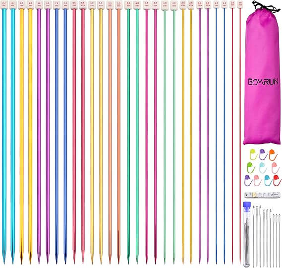 BCMRUN Set of 28 pieces/14 Pairs of Stainless Steel Straight Single-Pointed Knitting Needles, Colored, 14 Sizes from 2.0mm to 10.0mm, 13.8 inches/35 cm Length for Hand-Knitting