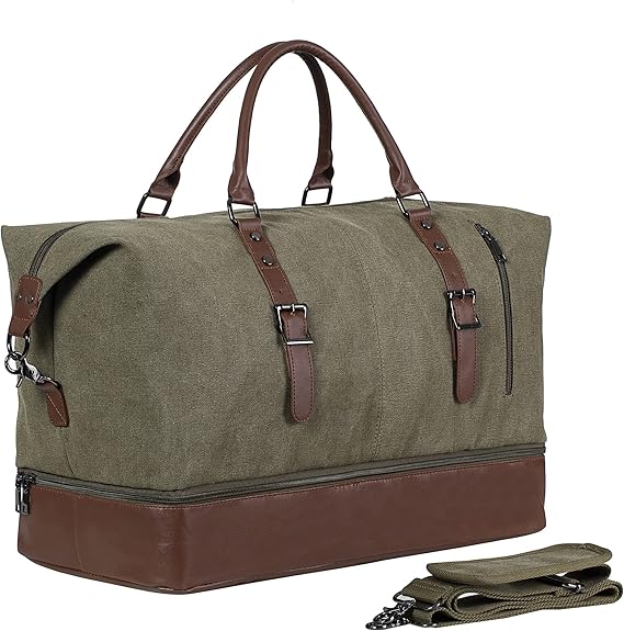 Travel Bag with Shoe Pouch,Weekender Overnight Bag Canvas PU Leather Large Carry On Bag Travel Tote Duffel Bag for Men or Women,Green