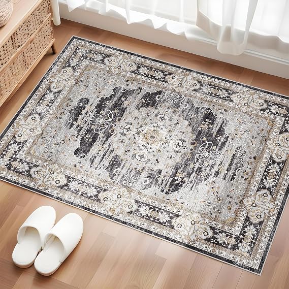 2x3 Washable Entryway Area Rug - Non-Slip Boho Throw Rugs Black Gray