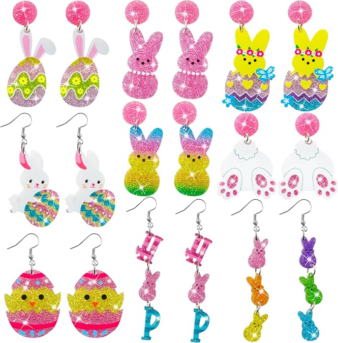 Y1tvei Easter Bunny Glitter Earrings - Cute Easter Eggs Carrots Rabbits Dangle Drop Ear Decoration Jewelry Accessory Gift