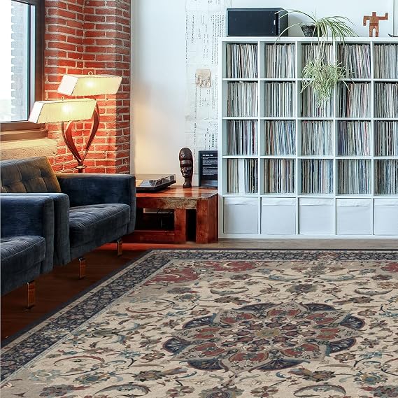 RUGGABLE Washable Vintage Area Rug Sima Royal Blue 8x10, Stain-Resistant, Non-Slip Large Machine Washable Rugs for Living Room, Bedroom, Hallway, Entryway & Officewith Cushioned Pad