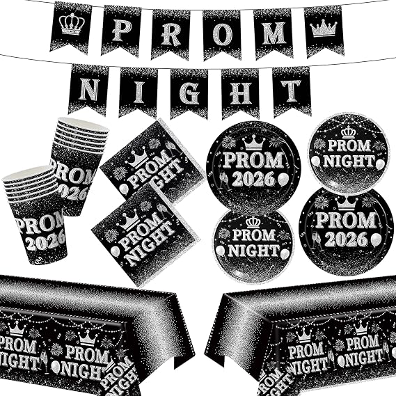 82 PCS Prom Night Decorations 2026 Tableware Set, Black Silver Graduation Party Supplies Include Plates,Napkins,Cups,Banner and Tablecloth for Class of 2026 Prom Party(Serve 20)