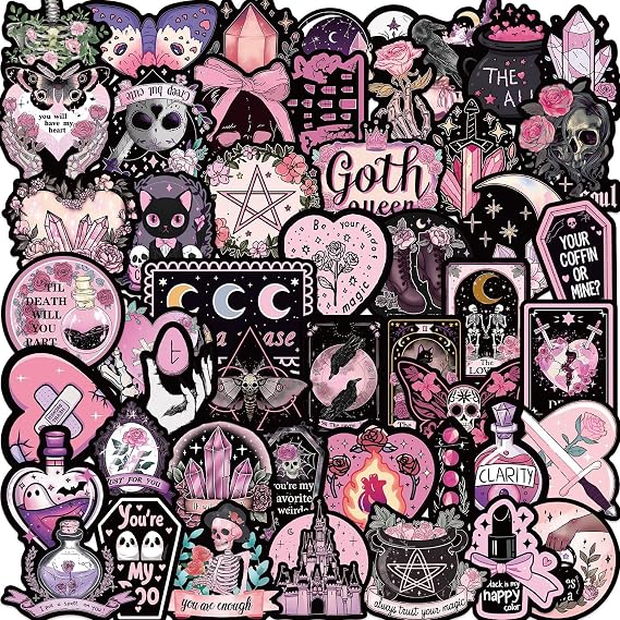 50PCS Gothic Stickers Waterproof Vinyl Skull Stickers Aesthetic Goth Book Stickers for Kindle Scrapbook Stickers Gothic Y2k Stickers Romantic Pink Stickers for Kindle Luggage Laptop Water Bottles