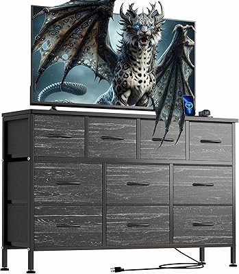 Dresser TV Stand with Power Outlet, 43 Long Dresser for Bedroom with 10 Fabric Drawers, Chest of Drawers for Living Room, Hallway Black Wood Veins