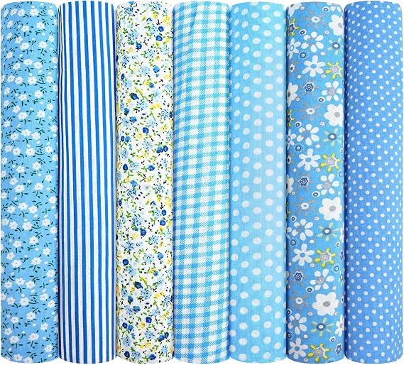 7pcs Fabric Bundles, 20"x20" Cotton Quilting Fabric Squares, Blue | Soft Durable Material & Stylish Patterns, Floral Precut Squares Patchwork for Quilting, Sewing, DIY Crafts, Mask, Home Décor