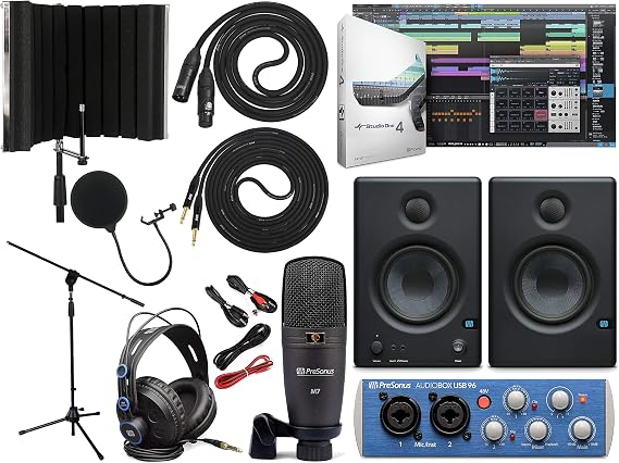 PreSonus AudioBox 96 Audio Interface (May Vary Blue or Black) Full Studio Bundle with Studio One Artist Software Pack with Eris 4.5 Pair Studio Monitors, Instrument Cable, Microphone Isolation Shield