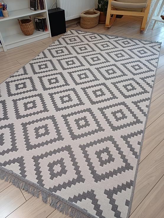 Kilim Çift Taraflı Kullanılabilir Yıkanabilir Dokuma Kilim (Gri-Beyaz, 80 * 150cm)