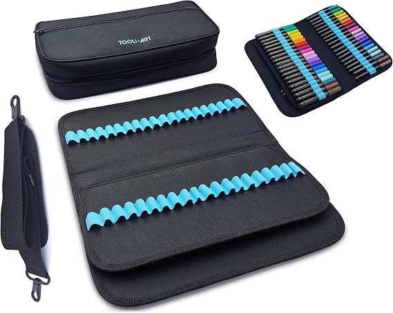 TOOLI-ART Marker & Pen Carrying Case -120 Slots, Canvas, Extra Pockets, Trolley Sleeve, Removable Shoulder Strap, For Most Markers (up to 15mm Diameter), Lipstick, Etc. Black