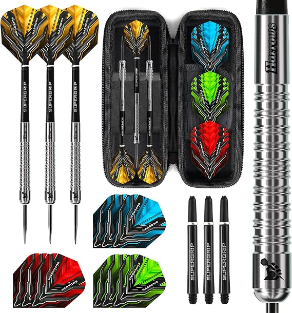Harrows Supergrip Ultimate 90% Tungsten Steel Tip Darts Set – Professional Darts for Adults – 22g 24g 26g 28g – 20 Piece Bundle with Flights, Shafts & FREE Blaze Dart Case