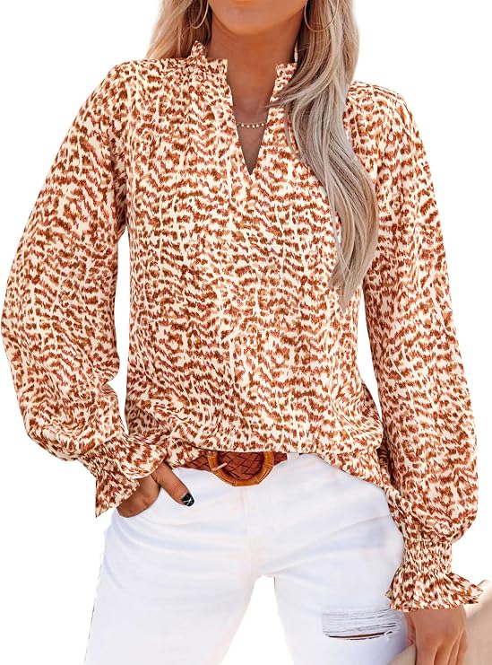 MASCOMODA Womens V Neck Floral Long Sleeve Tops 2026 Summer Casual Loose Puff Sleeve Chiffon Boho Work Blouse Dressy T Shirts