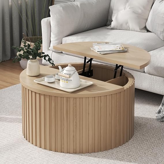 Fluted Round Lift Top Coffee Table with Storage, Natural Oak | Hidden Storage,Farmhouse Furniture for Small Space,Wood Center Table for Living Room,31.5 Dia. x 15.8 H Inch,Easy Assembly
