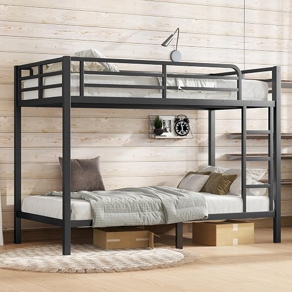 Bellemave Metal Twin XL Over Twin XL Size Bunk Bed Frame,Heavy Duty Bunk Beds with Guardrail & Ladders for Kids, Teens & Adults,Convertible Twin XL Bunk Beds,Black