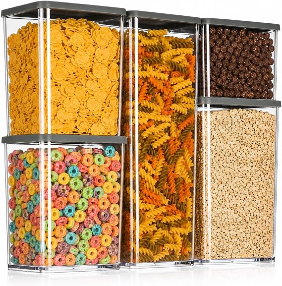 FiNeWaY 5pc Stackable Food Storage Containers Box With Airtight Lids BPA Free Cereal Dry Fruit Confectionery Lunch Snack Meal Boxes Kitchen Reusable Organiser Portion Control