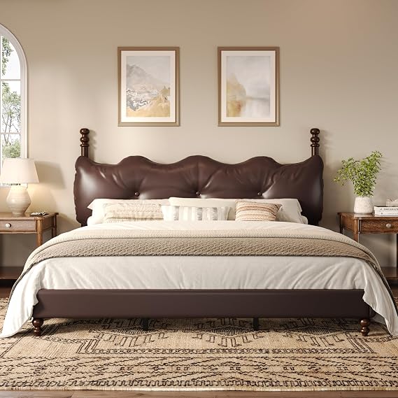 Christopher Knight Home Calka Classic King Bed Frame and Headboard, PU Leather Upholstered King Size Bed Frame with Tufted Design, Wooden Slats Support, No Box Spring Needed Bedframe, Dark Brown