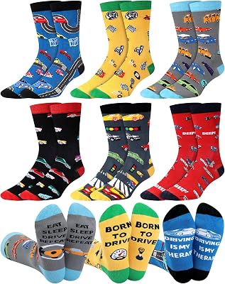 6 Pairs Funny Car Socks for Men Novelty Automotive Cotton Crew Socks Birthday Valentine Gifts for Car Guys Lover Husband Boyfriend