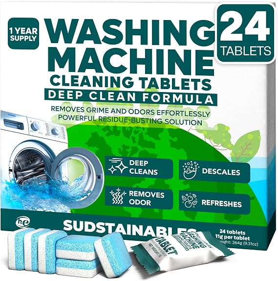 Sudstainables Washing Machine Cleaner Tablets (24-Pack) Deep Clean Odor & Residue Remover for Front & Top Load Washers, HE & Septic Safe Washing Machine Tub Cleaner for Long-Lasting Freshness