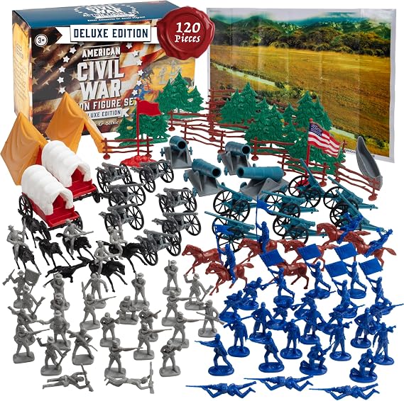 Civil War Army Men Toy Soldier Action Figure Deluxe 120 Pc Playset for Kids | Includes Confederate & Union Soldiers, Cannons, Wagons, Rideable Horses, Terrain & Giant Playmat- Gifts, Classroom Dioramas