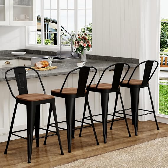 Yongchuang 24" Bar Stools Set of 4 Black Metal Counter Height Barstools with High Back Large Wooden Seat Industrial Kitchen Bar Chairs