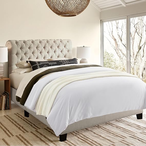 Rosevera 32Rosina Roll Head Bed Frame, Fabric Upholstered Chesterfield-Styled Bed Frame with Adjustable Headboard, Wood Slat Support,Easy Assembly,King,Linen Beige