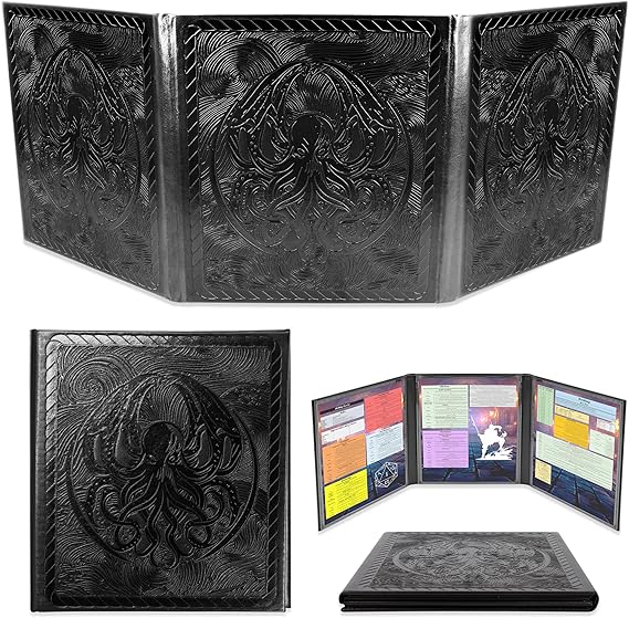 CASEMATIX DM Screen 3-Panel Travel-Ready Game Master Screen with Transparent Pockets, PU Leather GM Screen, Wet-Erase Compatible, Compact Size for Portable Tabletop RPG Campaigns