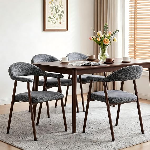 DUMOS Dining Chairs Set of 4, Linen Fabric Accent Chair with Curved Back | Upholstered, Metal Legs, Kitchen Side, Modern, Farmhouse, Kitchen, Living Room, Cafe, Gray
