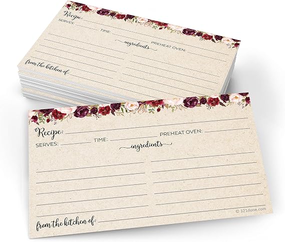 321Done Blank Recipe Cards, Small 3x5, Set of 50, Red Roses on Tan