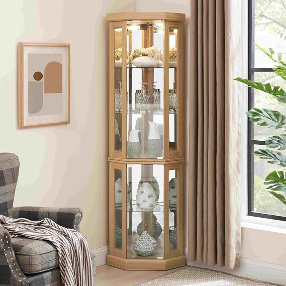Lighted Wooden Corner Display Curio Cabinet, Corner Bar Cabinet with Tempered Glass Doors and Adjustable Glass Shelf for Bedroom, Living Room, Bead Bulb Included (Light Oak)