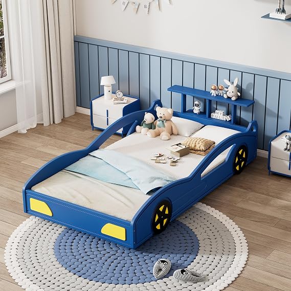 Race Car Bed, Wood Twin Platform Bed with Storage Shelves, Car-Shaped Twin Platform Bed Frame with Wheels for Kids Boys, Teens, Blue
