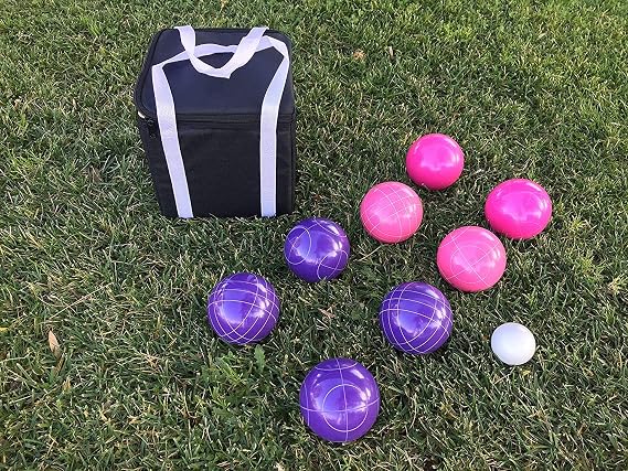 BuyBocceBalls Listing - Unique Bocce Sets - 107mm with Purple and Pink Balls, Black Bag