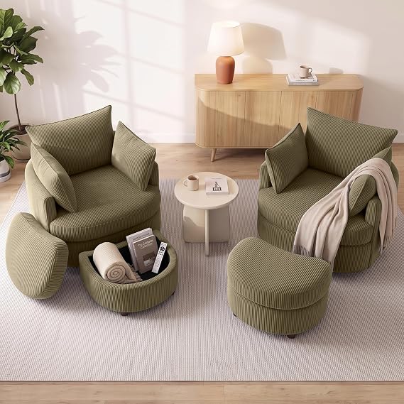 Vanity Accent Chair Swivel Living Room Chairs Curve Back Reading Chair with Armrest, Lounge Chair with Ottoman for Bedroom