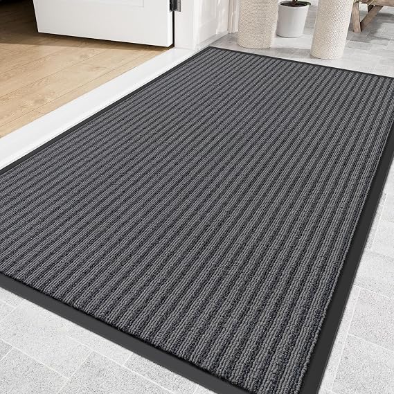 Front Door Mat Outside Entrance, 48" x 24" Heavy Duty Indoor Outdoor Doormat, Non-Slip, Trap Dirt, Low Profile Commercial Floor Mats for Entry, High Traffic Area, Grey Dual Stripes