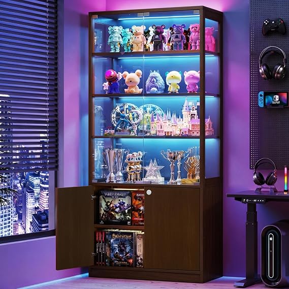 Display Cabinet with Glass Door - 7-Tiers Curio Cabinet Display Case with RGB Lights & Bottom Storage, Adjustable Shelves for Collectibles & Legos, Bookcase Storage Cabinet (Cherry)